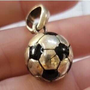 Vintage Silver Tone Soccer Ball Charm Pendant Black Enamel 3D Mini Dangle Drop